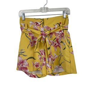 New York & Company 7th Avenue Yellow Floral High Waist Tie Belt Shorts Size 2